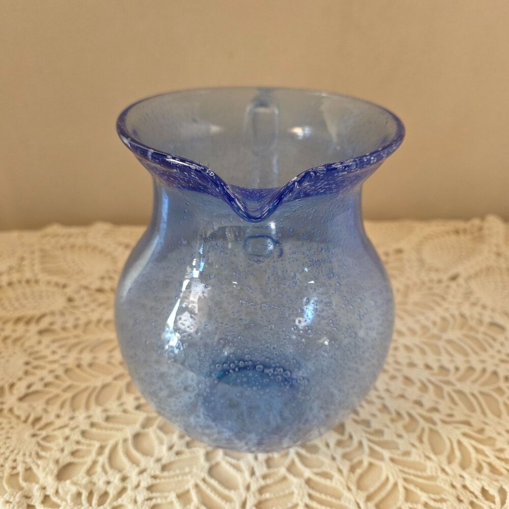 Vintage Cobalt Handblown Bubble Glass Pitcher With Clear Applied Handle - Picture 16 of 16